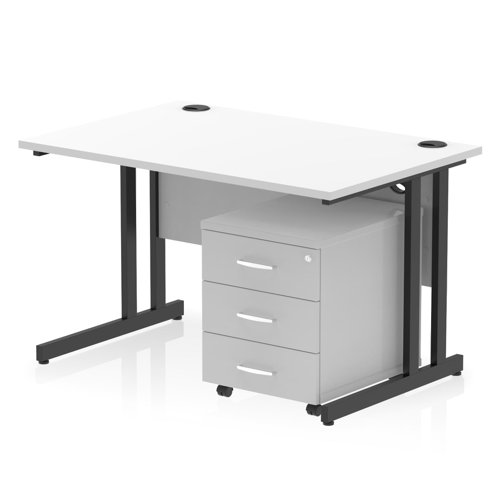 Impulse 1200 x 800mm Straight Office Desk White Top Black Cantilever Leg Workstation 3 Drawer Mobile Pedestal