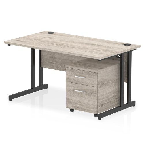 Impulse 1400 x 800mm Straight Office Desk Grey Oak Top Black Cantilever Leg Workstation 2 Drawer Mobile Pedestal