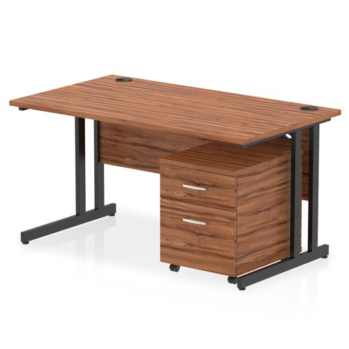 Impulse 1400 x 800mm Straight Office Desk Walnut Top Black Cantilever Leg Workstation 2 Drawer Mobile Pedestal