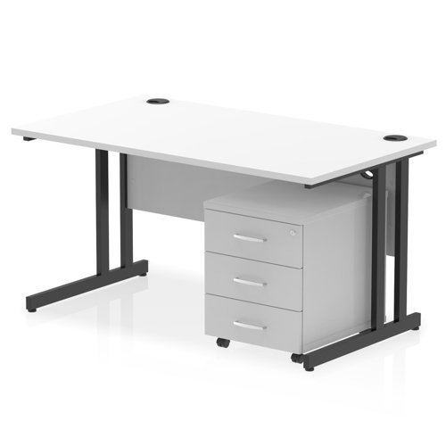 Impulse 1400 x 800mm Straight Office Desk White Top Black Cantilever Leg Workstation 3 Drawer Mobile Pedestal