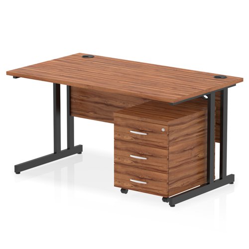 Impulse 1400 x 800mm Straight Office Desk Walnut Top Black Cantilever Leg Workstation 3 Drawer Mobile Pedestal