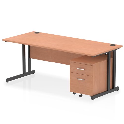 Impulse 1800 x 800mm Straight Office Desk Beech Top Black Cantilever Leg Workstation 2 Drawer Mobile Pedestal