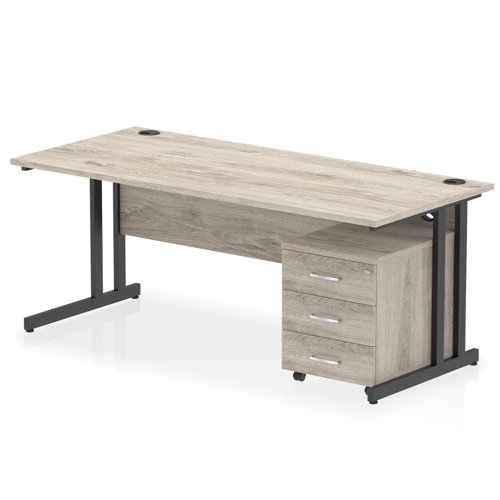 Impulse 1800 x 800mm Straight Office Desk Grey Oak Top Black Cantilever Leg Workstation 3 Drawer Mobile Pedestal
