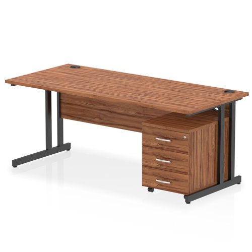 Impulse 1800 x 800mm Straight Office Desk Walnut Top Black Cantilever Leg Workstation 3 Drawer Mobile Pedestal