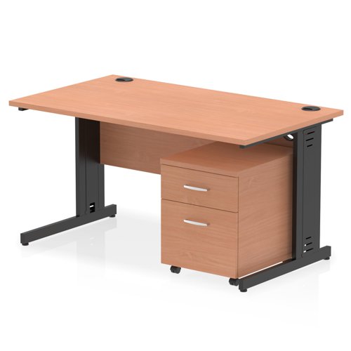 Impulse 1400 x 800mm Straight Office Desk Beech Top Black Cable Managed Leg Workstation 2 Drawer Mobile Pedestal