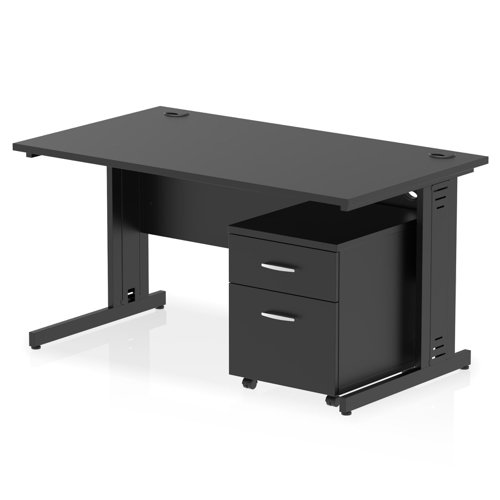 Impulse 1400 x 800mm Straight Office Desk Black Top Black Cable Managed Leg Workstation 2 Drawer Mobile Pedestal