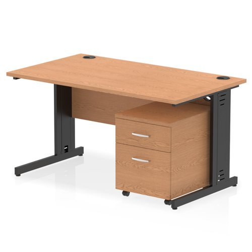Impulse 1400 x 800mm Straight Office Desk Oak Top Black Cable Managed Leg Workstation 2 Drawer Mobile Pedestal
