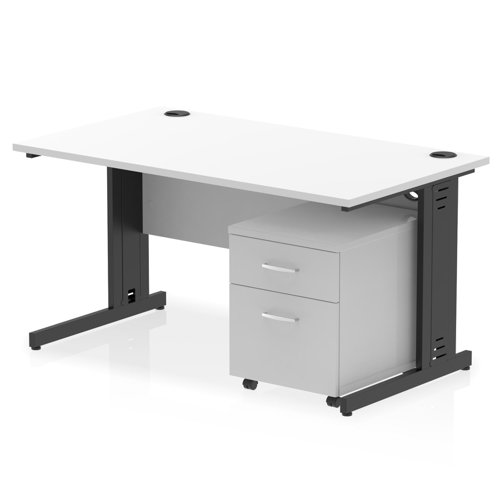 Impulse 1400 x 800mm Straight Office Desk White Top Black Cable Managed Leg Workstation 2 Drawer Mobile Pedestal