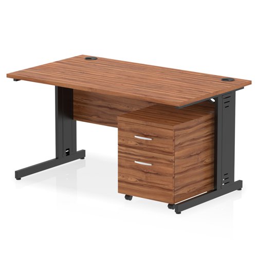 Impulse 1400 x 800mm Straight Office Desk Walnut Top Black Cable Managed Leg Workstation 2 Drawer Mobile Pedestal