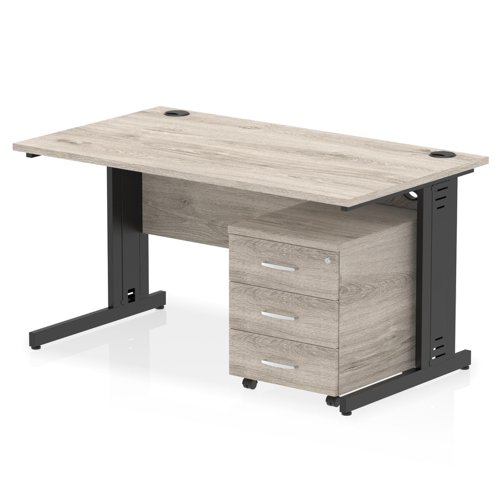 Impulse 1400 x 800mm Straight Office Desk Grey Oak Top Black Cable Managed Leg Workstation 3 Drawer Mobile Pedestal
