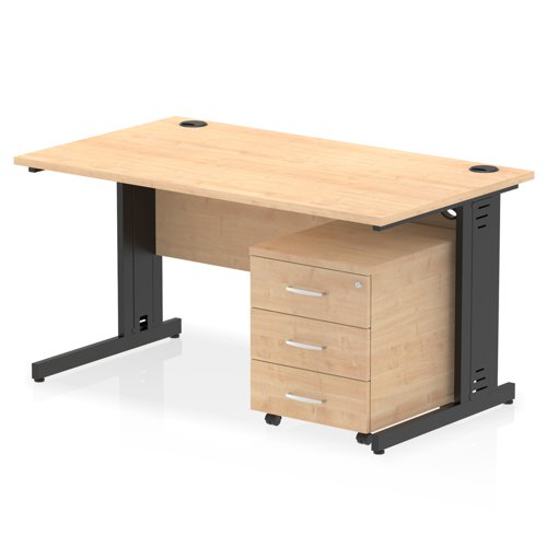 Impulse 1400 x 800mm Straight Office Desk Maple Top Black Cable Managed Leg Workstation 3 Drawer Mobile Pedestal