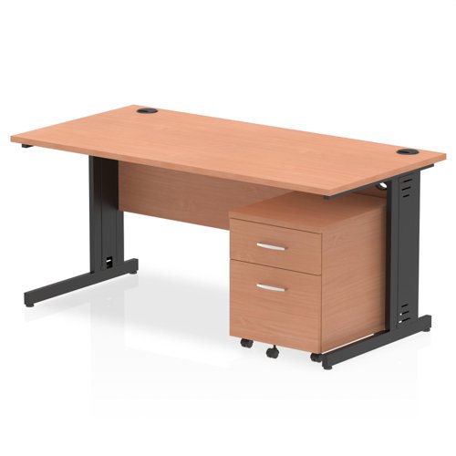 Impulse 1600 x 800mm Straight Office Desk Beech Top Black Cable Managed Leg Workstation 2 Drawer Mobile Pedestal