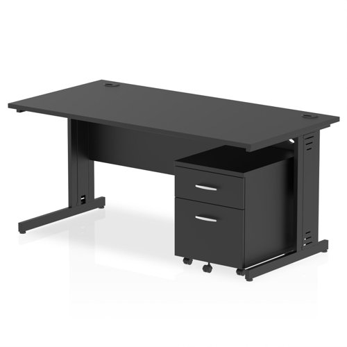 Impulse 1600 x 800mm Straight Office Desk Black Top Black Cable Managed Leg Workstation 2 Drawer Mobile Pedestal