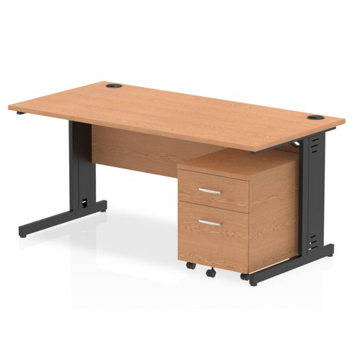 Impulse 1600 x 800mm Straight Office Desk Oak Top Black Cable Managed Leg Workstation 2 Drawer Mobile Pedestal