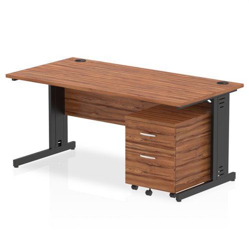 Impulse 1600 x 800mm Straight Office Desk Walnut Top Black Cable Managed Leg Workstation 2 Drawer Mobile Pedestal