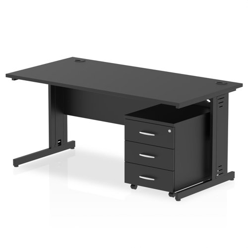 Impulse 1600 x 800mm Straight Office Desk Black Top Black Cable Managed Leg Workstation 3 Drawer Mobile Pedestal