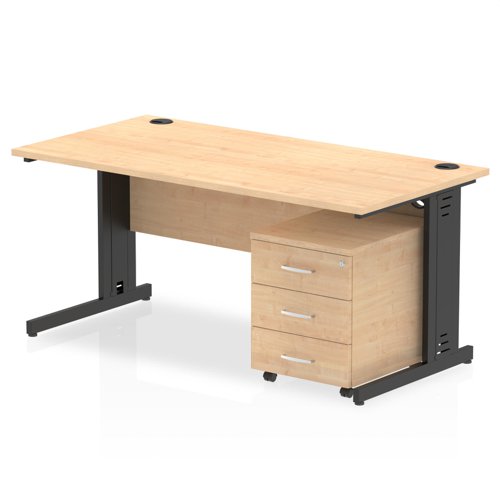 Impulse 1600 x 800mm Straight Office Desk Maple Top Black Cable Managed Leg Workstation 3 Drawer Mobile Pedestal