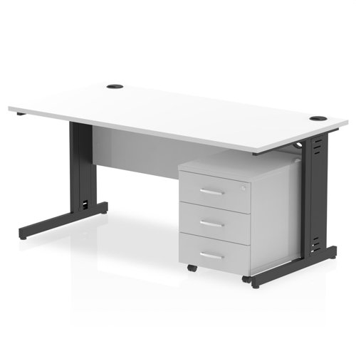 Impulse 1600 x 800mm Straight Office Desk White Top Black Cable Managed Leg Workstation 3 Drawer Mobile Pedestal