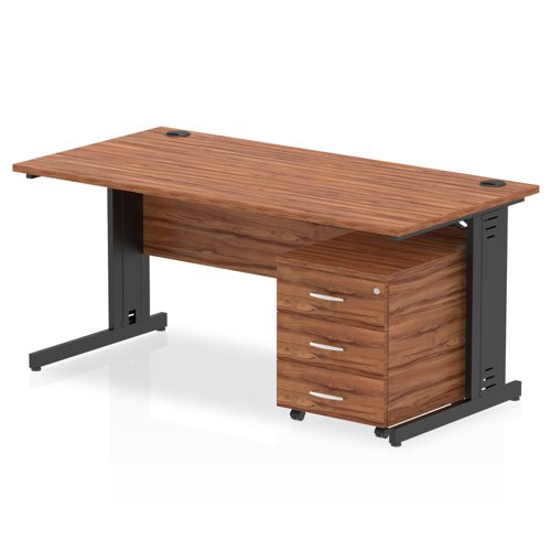Impulse 1600 x 800mm Straight Office Desk Walnut Top Black Cable Managed Leg Workstation 3 Drawer Mobile Pedestal