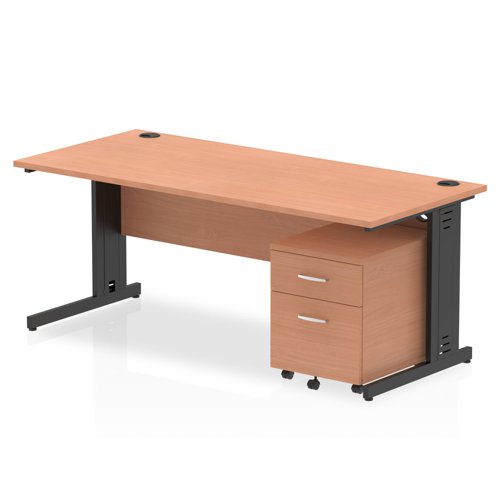Impulse 1800 x 800mm Straight Office Desk Beech Top Black Cable Managed Leg Workstation 2 Drawer Mobile Pedestal