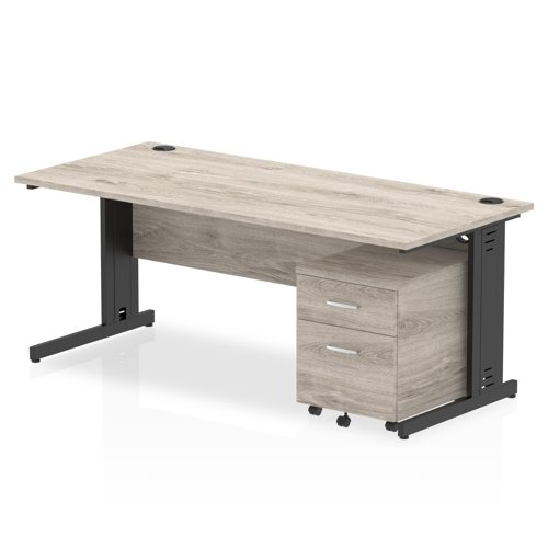 Impulse 1800 x 800mm Straight Office Desk Grey Oak Top Black Cable Managed Leg Workstation 2 Drawer Mobile Pedestal