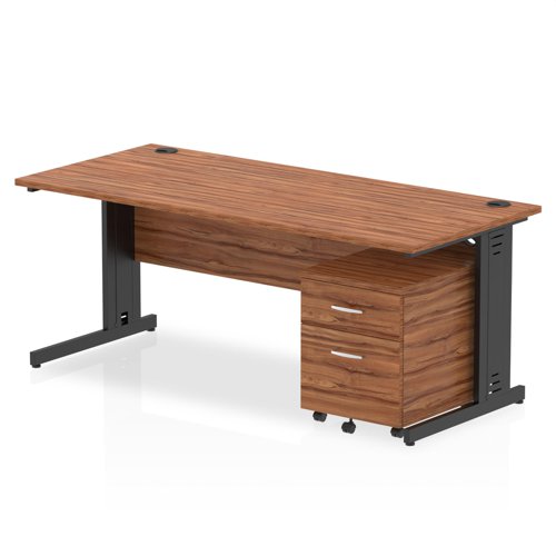 Impulse 1800 x 800mm Straight Office Desk Walnut Top Black Cable Managed Leg Workstation 2 Drawer Mobile Pedestal