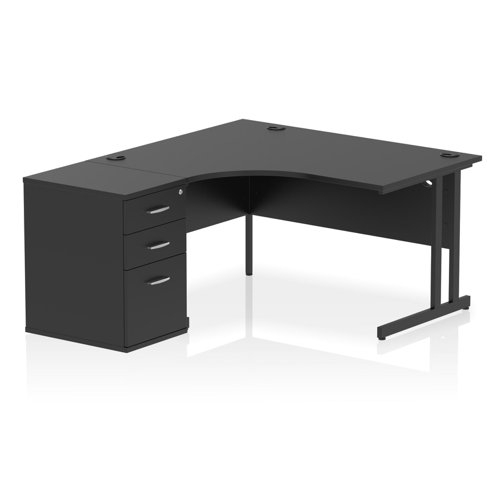 Impulse 1400mm Left Crescent Office Desk Black Top Black Cantilever Leg Workstation 600 Deep Desk High Pedestal