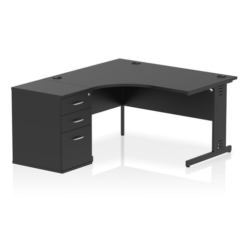 Impulse 1400mm Left Crescent Office Desk Black Top Black Cable Managed Leg Workstation 600 Deep Desk High Pedestal