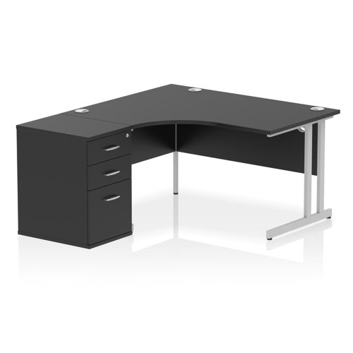 Impulse 1400mm Left Crescent Office Desk Black Top Silver Cantilever Leg Workstation 600 Deep Desk High Pedestal