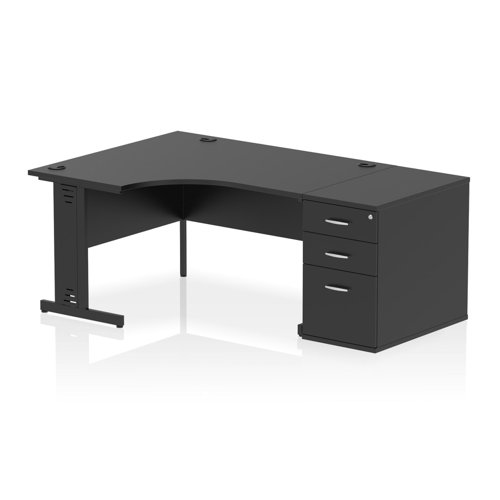 Impulse 1400mm Left Crescent Office Desk Black Top Black Cable Managed Leg Workstation 800 Deep Desk High Pedestal