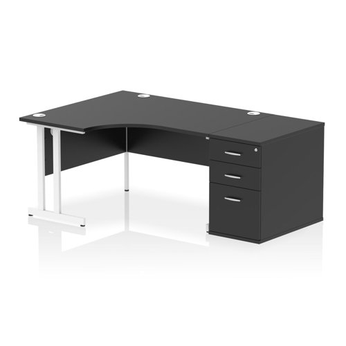 Impulse 1400mm Left Crescent Office Desk Black Top White Cantilever Leg Workstation 800 Deep Desk High Pedestal