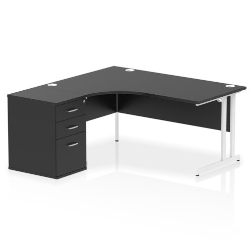 Impulse 1600mm Left Crescent Office Desk Black Top White Cantilever Leg Workstation 600 Deep Desk High Pedestal