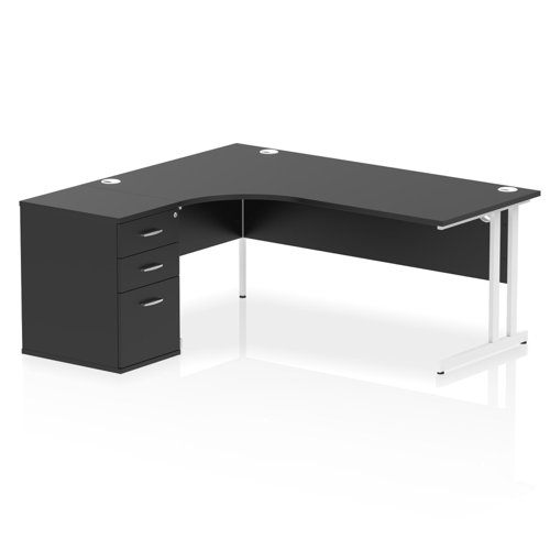 Impulse 1800mm Left Crescent Office Desk Black Top White Cantilever Leg Workstation 600 Deep Desk High Pedestal