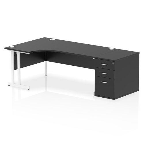 Impulse 1800mm Left Crescent Office Desk Black Top White Cantilever Leg Workstation 800 Deep Desk High Pedestal