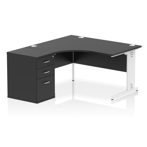 Impulse 1400mm Left Crescent Office Desk Black Top White Cable Managed Leg Workstation 600 Deep Desk High Pedestal