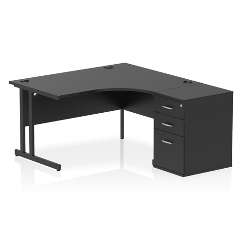 Impulse 1400mm Right Crescent Office Desk Black Top Black Cantilever Leg Workstation 600 Deep Desk High Pedestal