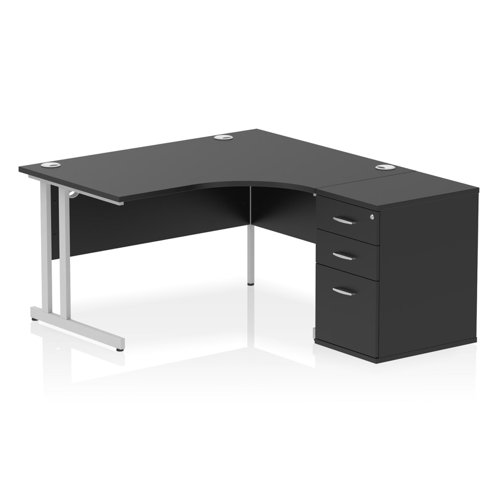 Impulse 1400mm Right Crescent Office Desk Black Top Silver Cantilever Leg Workstation 600 Deep Desk High Pedestal