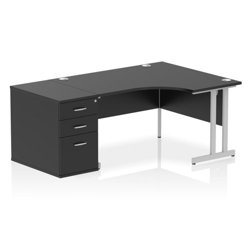 Impulse 1400mm Right Crescent Office Desk Black Top Silver Cantilever Leg Workstation 800 Deep Desk High Pedestal