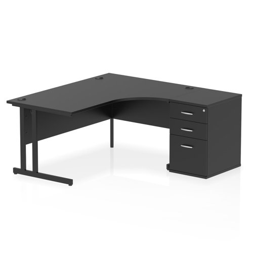 Impulse 1600mm Right Crescent Office Desk Black Top Black Cantilever Leg Workstation 600 Deep Desk High Pedestal