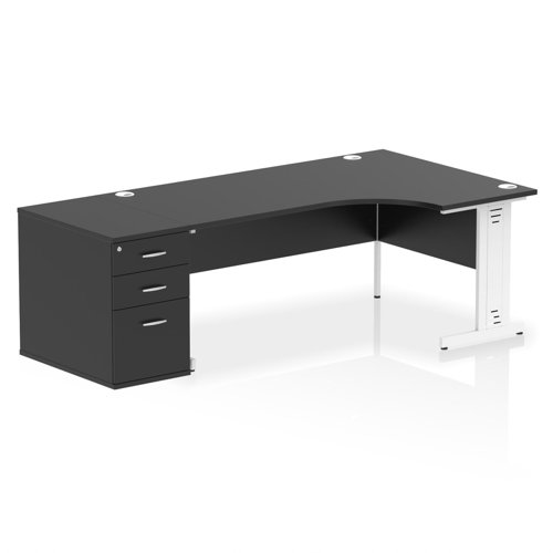 Impulse 1800mm Right Crescent Office Desk Black Top White Cable Managed Leg Workstation 800 Deep Desk High Pedestal
