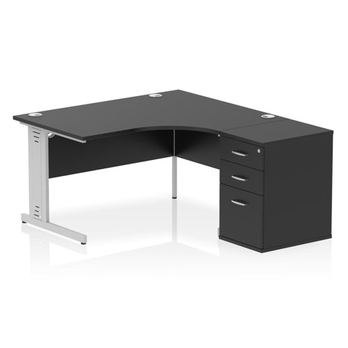 Impulse 1400mm Right Crescent Office Desk Black Top Silver Cable Managed Leg Workstation 600 Deep Desk High Pedestal