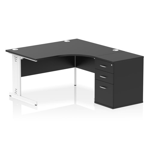 Impulse 1400mm Right Crescent Office Desk Black Top White Cable Managed Leg Workstation 600 Deep Desk High Pedestal