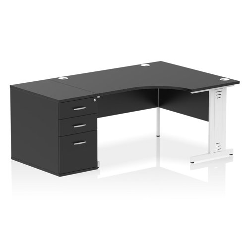 Impulse 1400mm Right Crescent Office Desk Black Top White Cable Managed Leg Workstation 800 Deep Desk High Pedestal