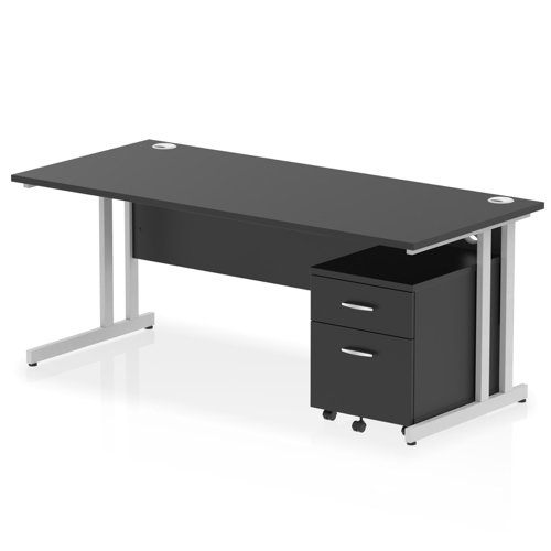 Impulse 1800 x 800mm Straight Office Desk Black Top Silver Cantilever Leg Workstation 2 Drawer Mobile Pedestal