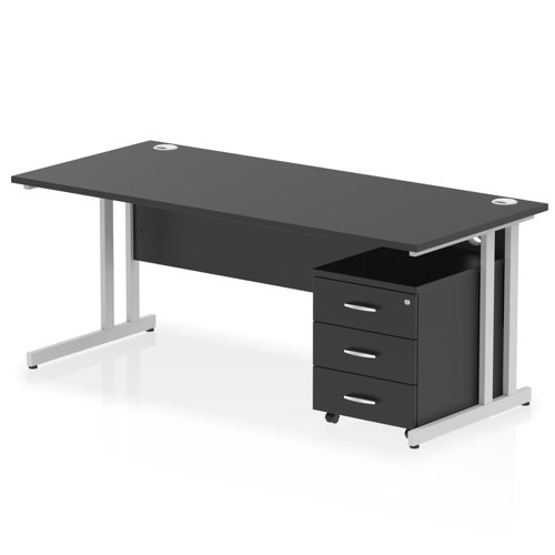 Impulse 1800 x 800mm Straight Office Desk Black Top Silver Cantilever Leg Workstation 3 Drawer Mobile Pedestal