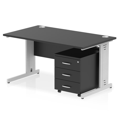 Impulse 1400 x 800mm Straight Office Desk Black Top Silver Cable Managed Leg Workstation 3 Drawer Mobile Pedestal