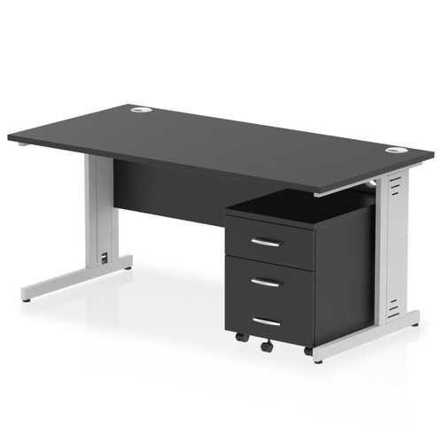 Impulse 1600 x 800mm Straight Office Desk Black Top Silver Cable Managed Leg Workstation 3 Drawer Mobile Pedestal