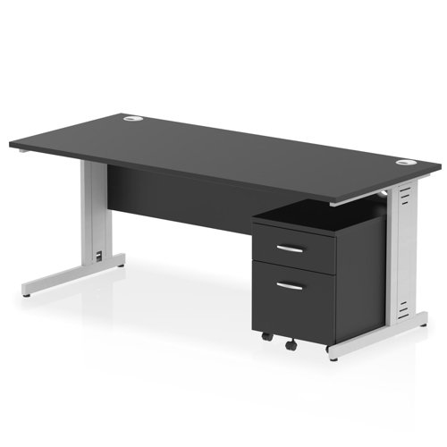 Impulse 1800 x 800mm Straight Office Desk Black Top Silver Cable Managed Leg Workstation 2 Drawer Mobile Pedestal