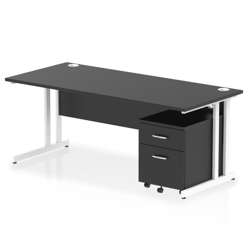 Impulse 1800 x 800mm Straight Office Desk Black Top White Cantilever Leg Workstation 2 Drawer Mobile Pedestal