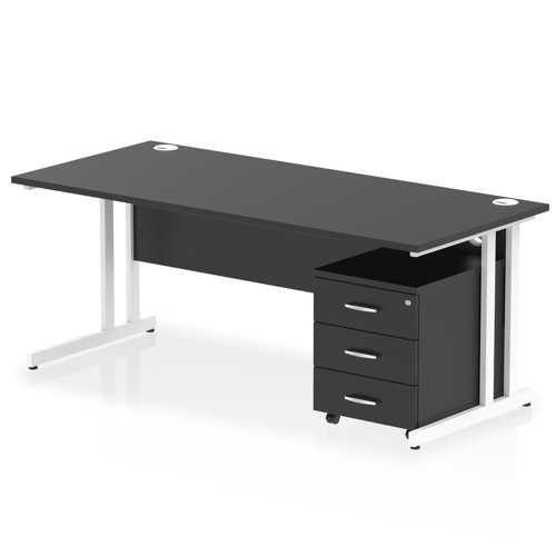 Impulse 1800 x 800mm Straight Office Desk Black Top White Cantilever Leg Workstation 3 Drawer Mobile Pedestal